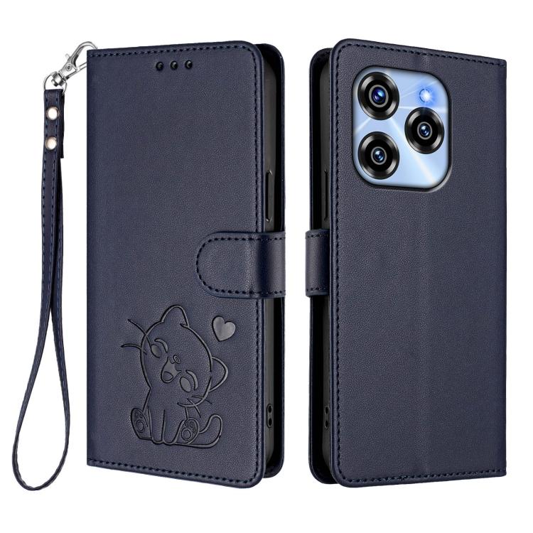 For Oukitel C50 Embossed Heart Cat Leather Phone Case with Hand Strap