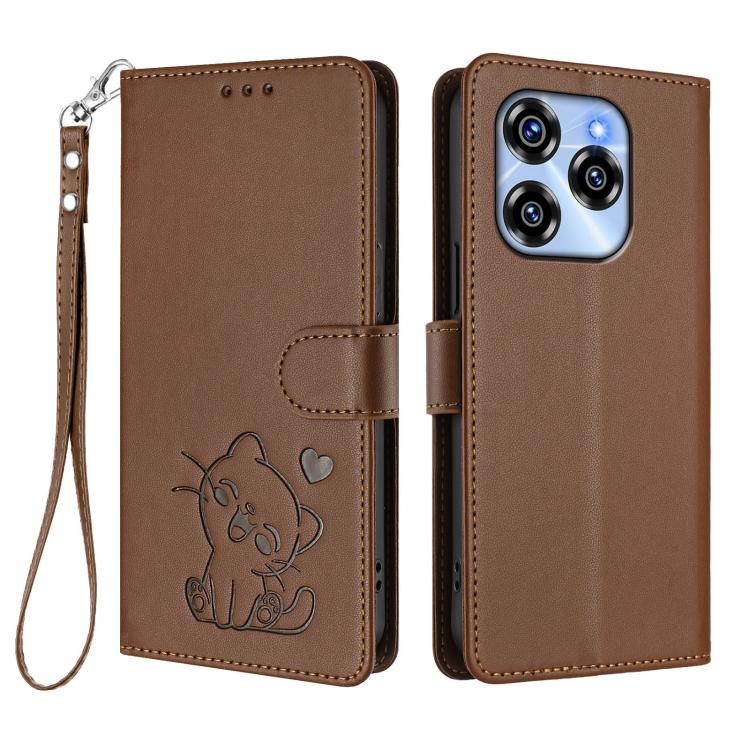 For Oukitel C50 Embossed Heart Cat Leather Phone Case with Hand Strap