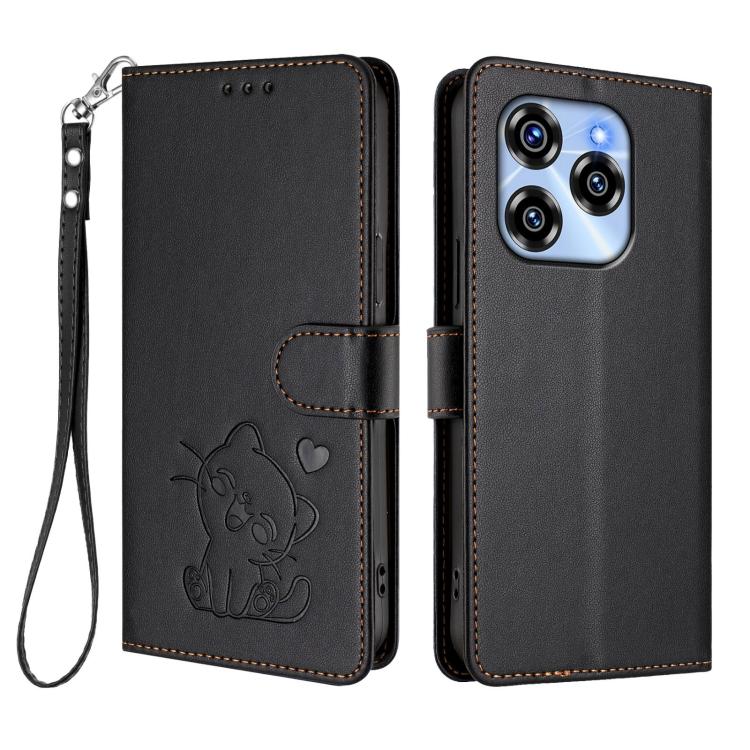 For Oukitel C50 Embossed Heart Cat Leather Phone Case with Hand Strap