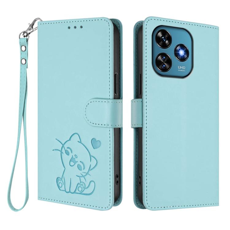 For Oukitel C51 Embossed Heart Cat Leather Phone Case with Hand Strap