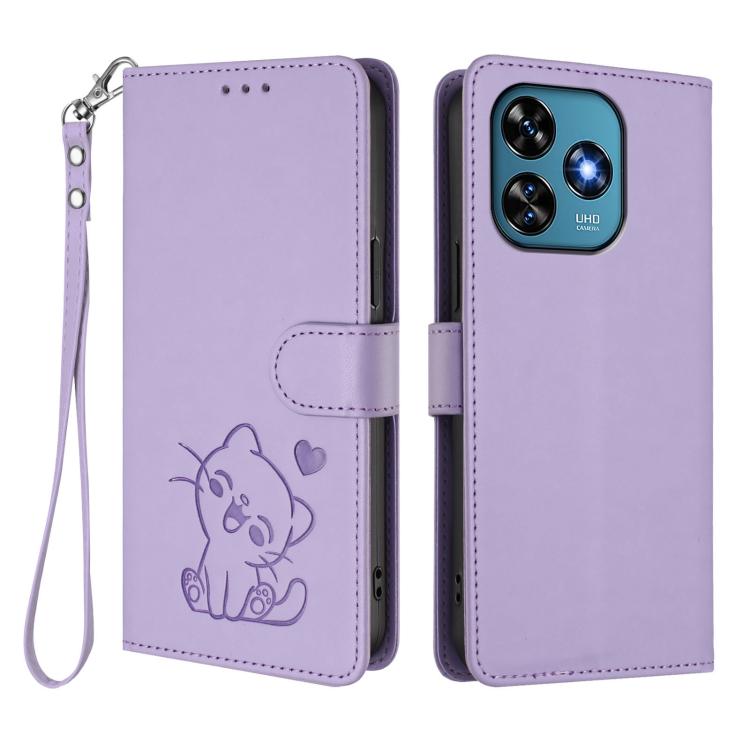 For Oukitel C51 Embossed Heart Cat Leather Phone Case with Hand Strap