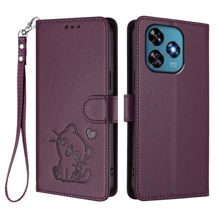 For Oukitel C51 Embossed Heart Cat Leather Phone Case with Hand Strap