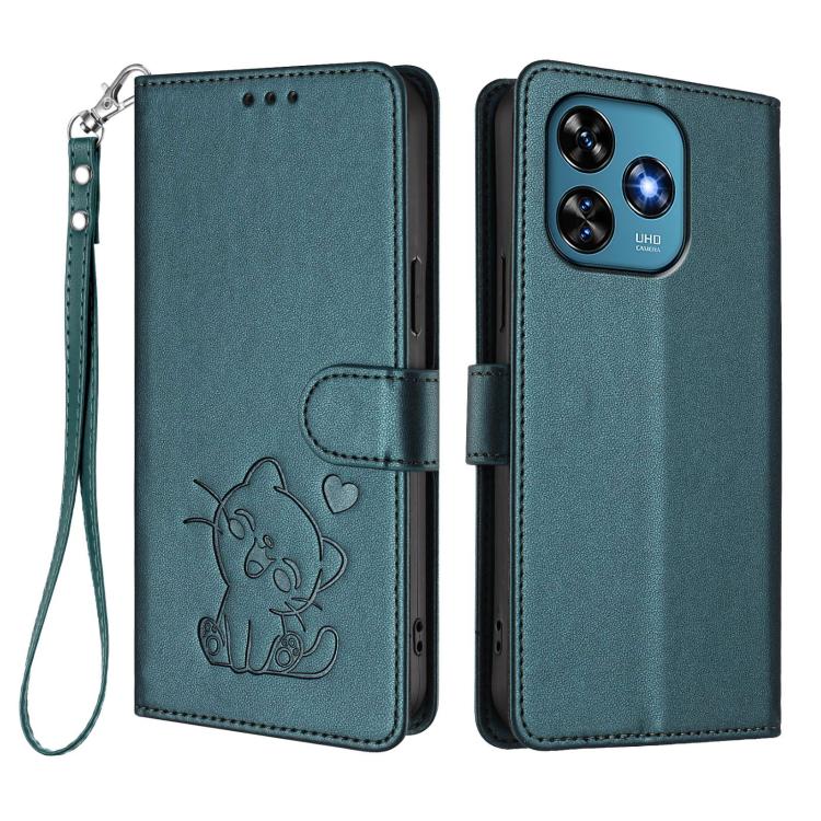 For Oukitel C51 Embossed Heart Cat Leather Phone Case with Hand Strap