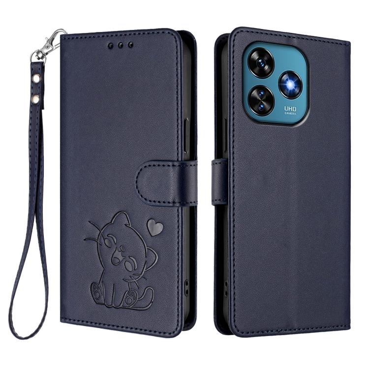 For Oukitel C51 Embossed Heart Cat Leather Phone Case with Hand Strap