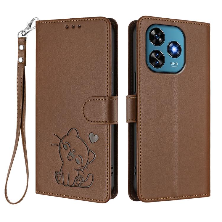 For Oukitel C51 Embossed Heart Cat Leather Phone Case with Hand Strap