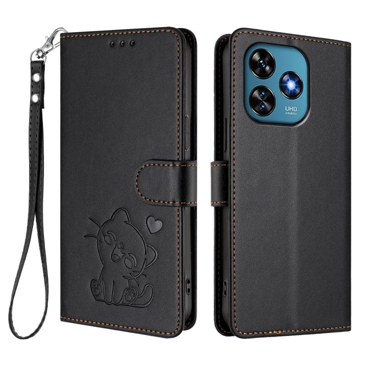 For Oukitel C51 Embossed Heart Cat Leather Phone Case with Hand Strap