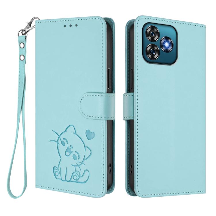 For Oukitel C53 Embossed Heart Cat Leather Phone Case with Hand Strap