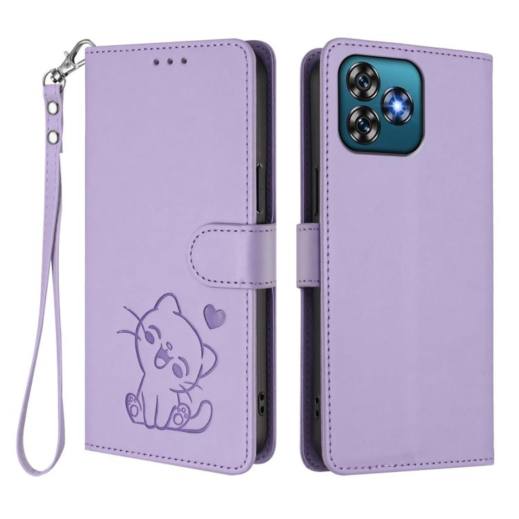 For Oukitel C53 Embossed Heart Cat Leather Phone Case with Hand Strap