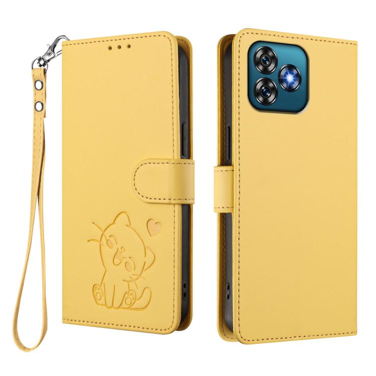 For Oukitel C53 Embossed Heart Cat Leather Phone Case with Hand Strap