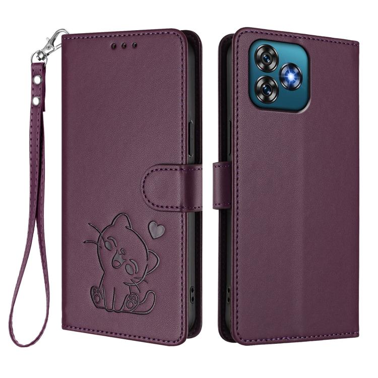 For Oukitel C53 Embossed Heart Cat Leather Phone Case with Hand Strap