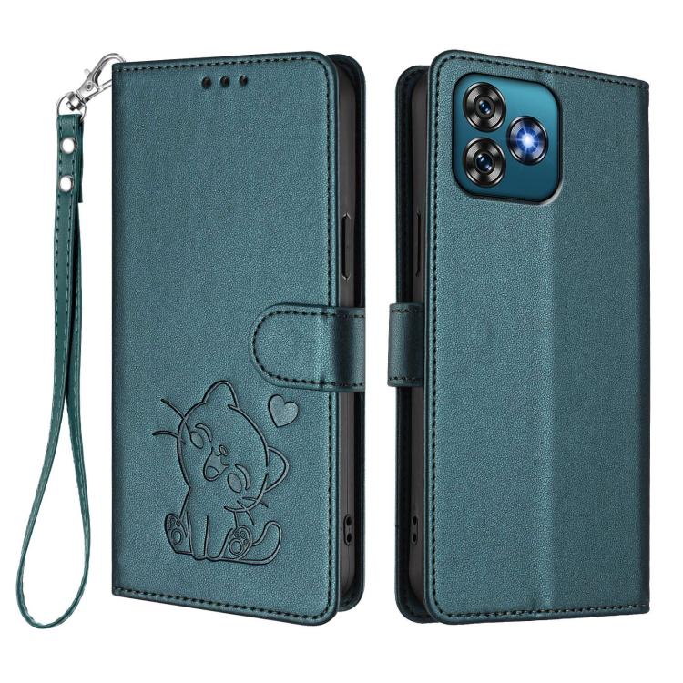 For Oukitel C53 Embossed Heart Cat Leather Phone Case with Hand Strap