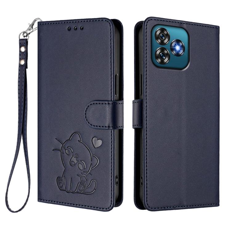 For Oukitel C53 Embossed Heart Cat Leather Phone Case with Hand Strap