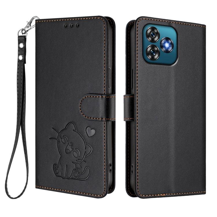For Oukitel C53 Embossed Heart Cat Leather Phone Case with Hand Strap