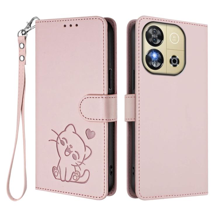 For Oukitel C57S / C57 Pro / Blu J12 Embossed Heart Cat Leather Phone Case with Hand Strap