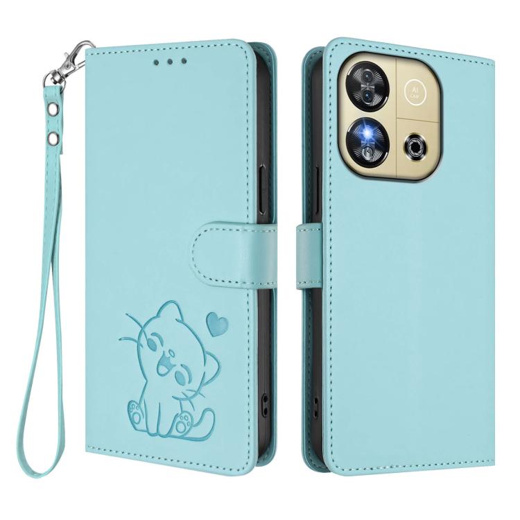 For Oukitel C57S / C57 Pro / Blu J12 Embossed Heart Cat Leather Phone Case with Hand Strap