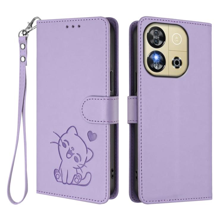For Oukitel C57S / C57 Pro / Blu J12 Embossed Heart Cat Leather Phone Case with Hand Strap