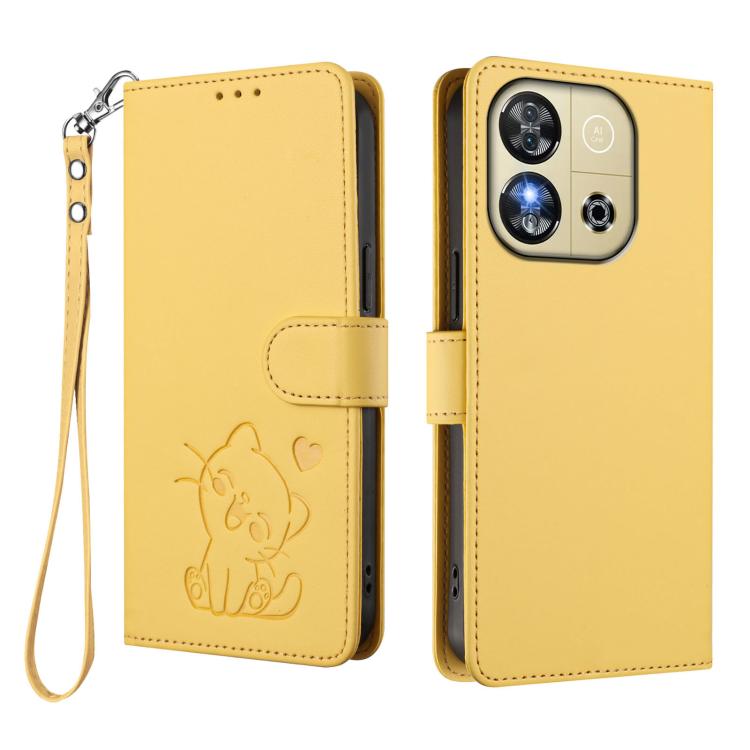 For Oukitel C57S / C57 Pro / Blu J12 Embossed Heart Cat Leather Phone Case with Hand Strap