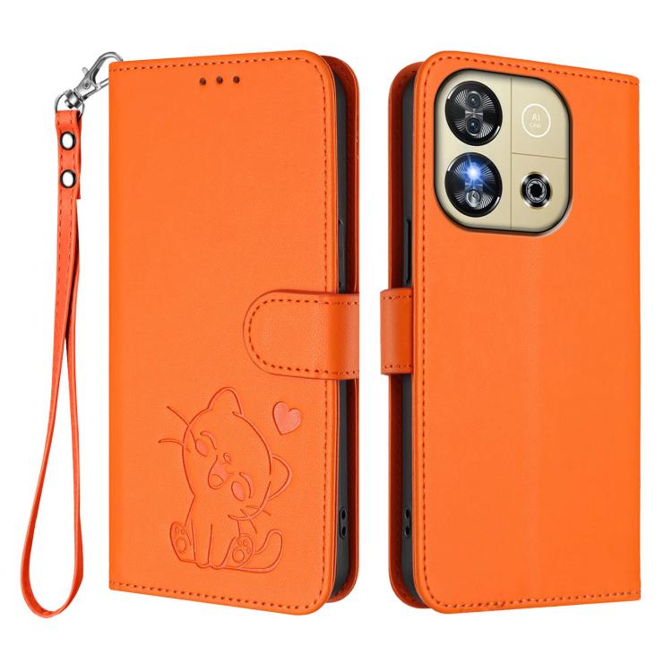 For Oukitel C57S / C57 Pro / Blu J12 Embossed Heart Cat Leather Phone Case with Hand Strap
