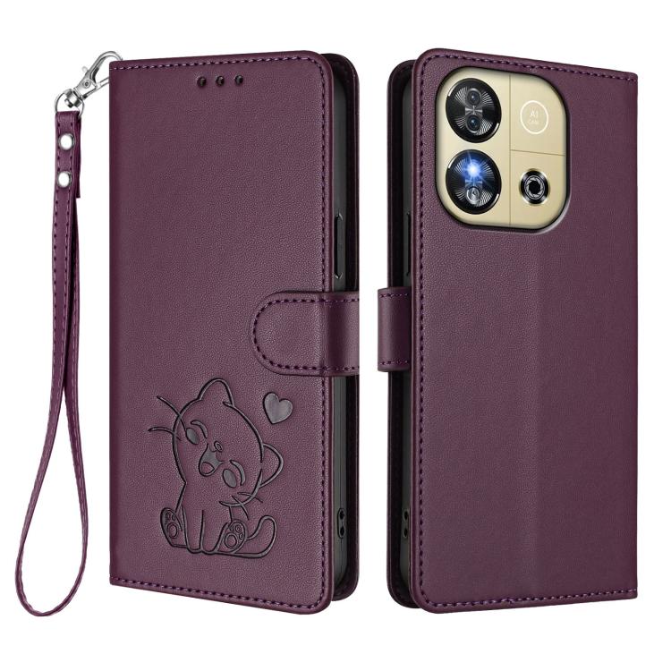 For Oukitel C57S / C57 Pro / Blu J12 Embossed Heart Cat Leather Phone Case with Hand Strap