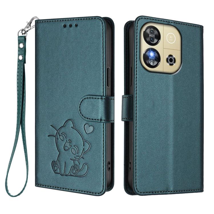 For Oukitel C57S / C57 Pro / Blu J12 Embossed Heart Cat Leather Phone Case with Hand Strap