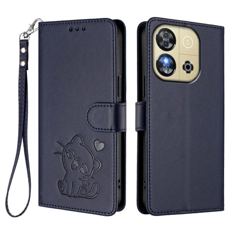 For Oukitel C57S / C57 Pro / Blu J12 Embossed Heart Cat Leather Phone Case with Hand Strap