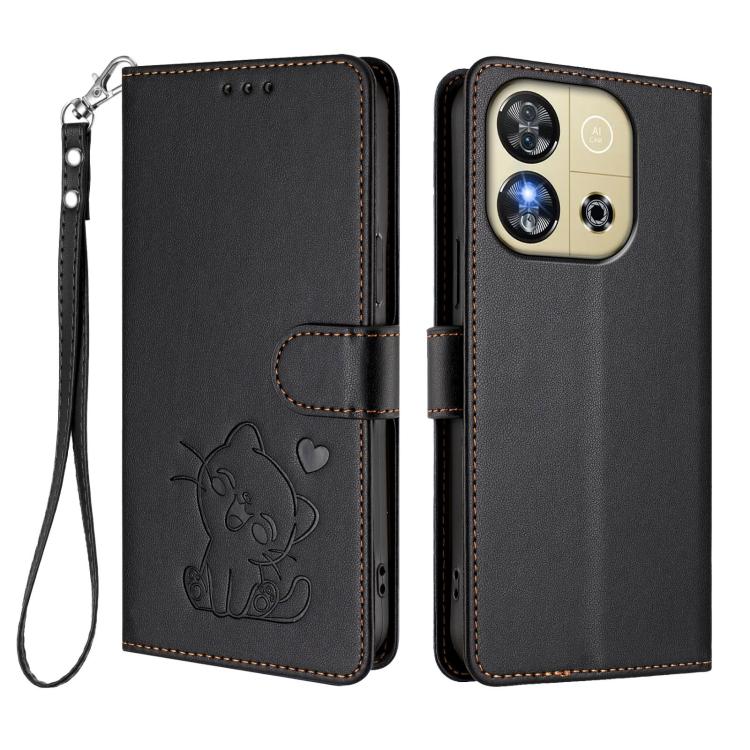 For Oukitel C57S / C57 Pro / Blu J12 Embossed Heart Cat Leather Phone Case with Hand Strap