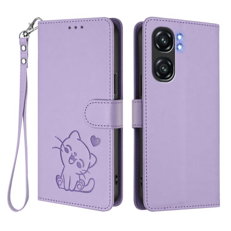 For Oukitel C58 / C58 Pro Embossed Heart Cat Leather Phone Case with Hand Strap