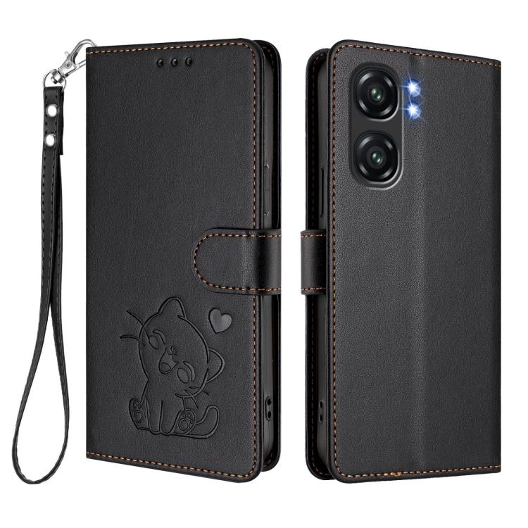 For Oukitel C58 / C58 Pro Embossed Heart Cat Leather Phone Case with Hand Strap