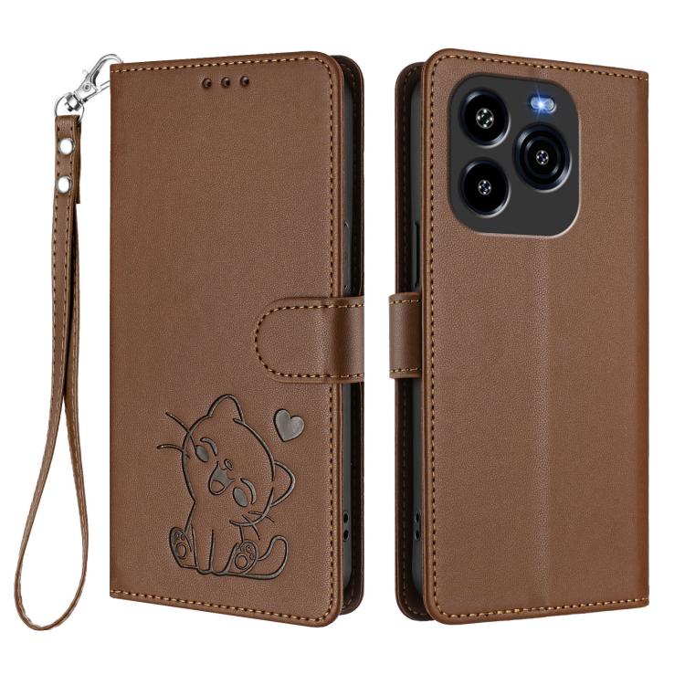 For Oukitel C65 / C65 Pro Embossed Heart Cat Leather Phone Case with Hand Strap