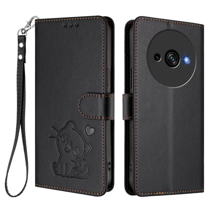 For Oukitel C59 / C59 Pro Embossed Heart Cat Leather Phone Case with Hand Strap