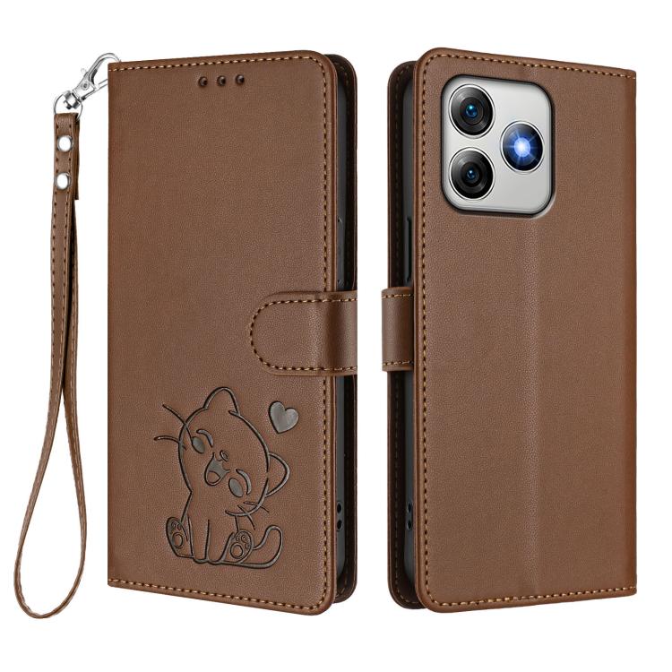 For Ulefone Note 18 Ultra / 18 Pro Embossed Heart Cat Leather Phone Case with Hand Strap