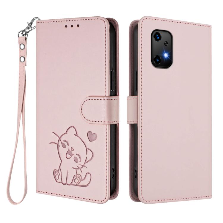For Umidigi Bison X20 Embossed Heart Cat Leather Phone Case with Hand Strap