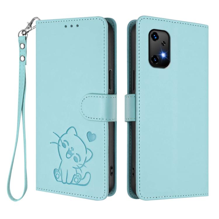 For Umidigi Bison X20 Embossed Heart Cat Leather Phone Case with Hand Strap