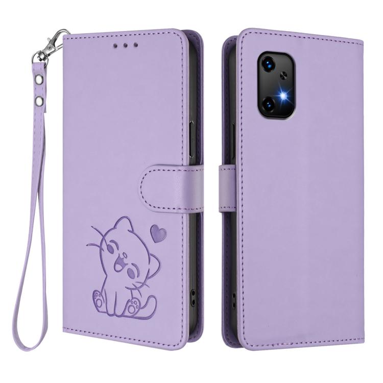 For Umidigi Bison X20 Embossed Heart Cat Leather Phone Case with Hand Strap