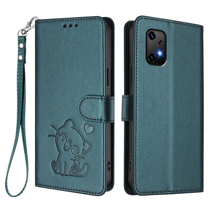 For Umidigi Bison X20 Embossed Heart Cat Leather Phone Case with Hand Strap