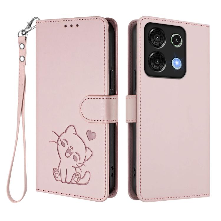 For Umidigi G9 5G / Note 9 5G Embossed Heart Cat Leather Phone Case with Hand Strap