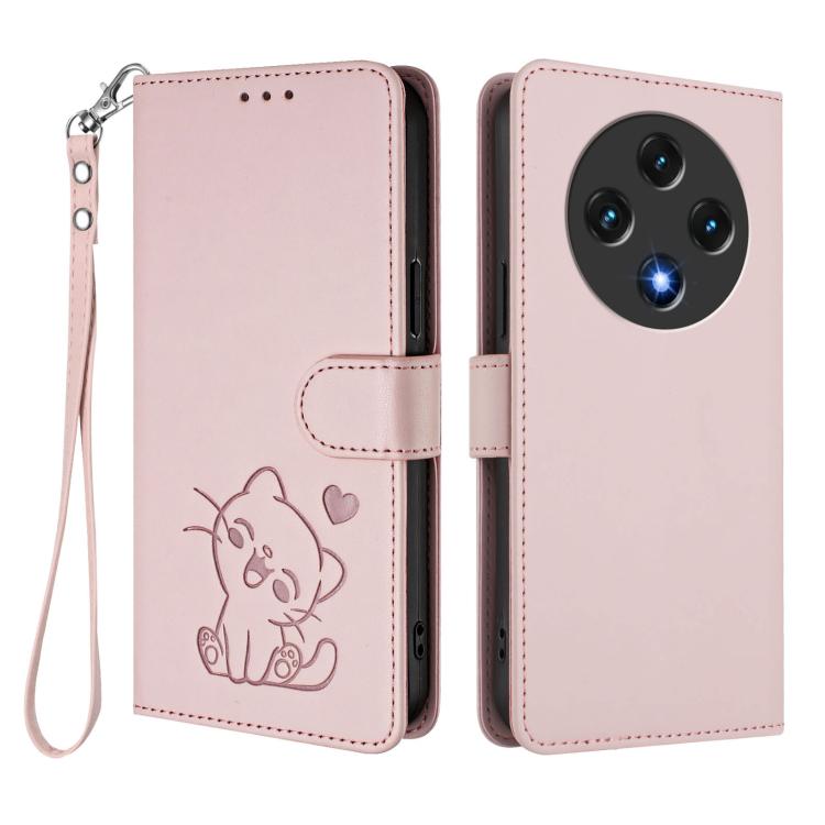 For Umidigi G100 Embossed Heart Cat Leather Phone Case with Hand Strap