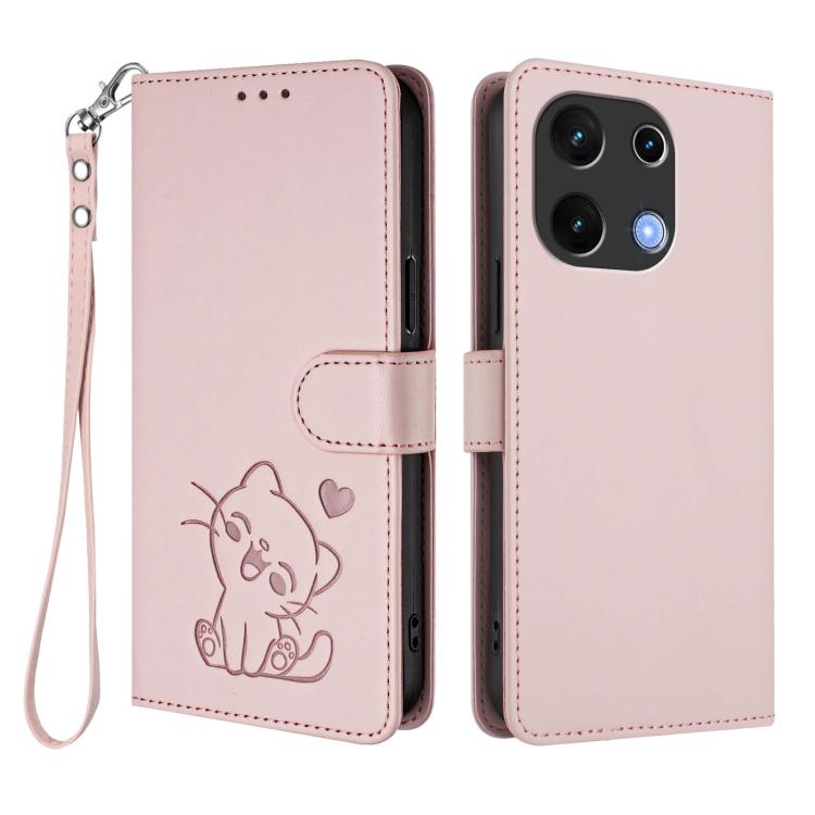 For Umidigi Note 100 Embossed Heart Cat Leather Phone Case with Hand Strap