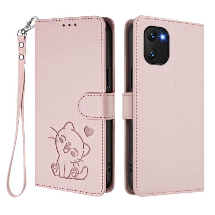 For Umidigi Power 7 / 7S Embossed Heart Cat Leather Phone Case with Hand Strap