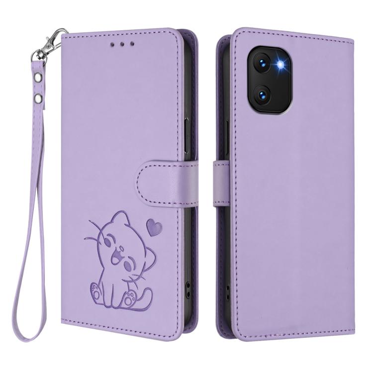 For Umidigi Power 7 / 7S Embossed Heart Cat Leather Phone Case with Hand Strap