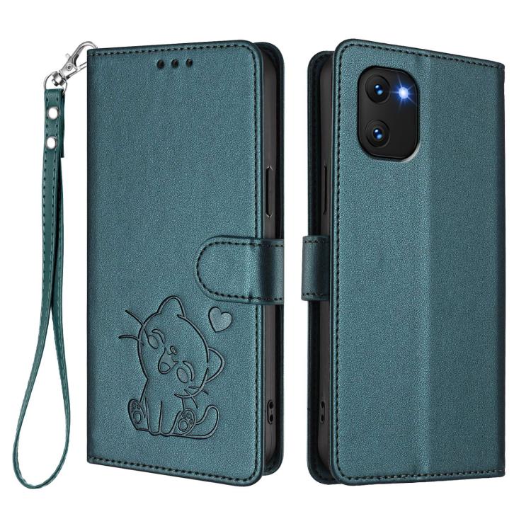 For Umidigi Power 7 / 7S Embossed Heart Cat Leather Phone Case with Hand Strap