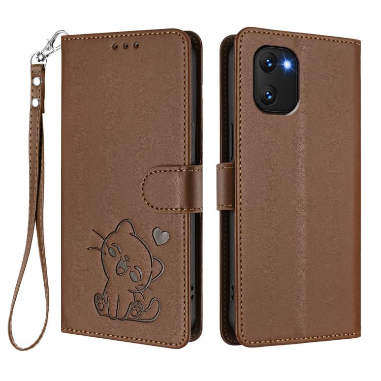 For Umidigi Power 7 / 7S Embossed Heart Cat Leather Phone Case with Hand Strap