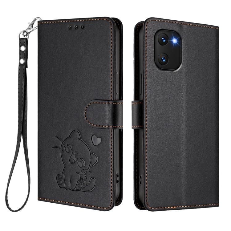 For Umidigi Power 7 / 7S Embossed Heart Cat Leather Phone Case with Hand Strap