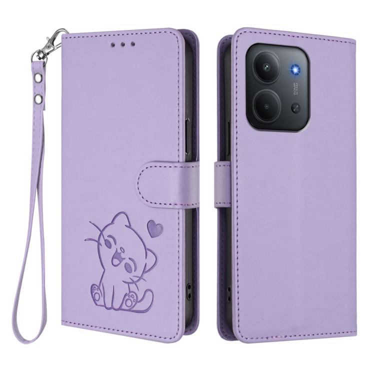 For Redmi 15C 5G / 4G Global 171mm / Poco C85 4G Embossed Heart Cat Leather Phone Case with Hand Strap