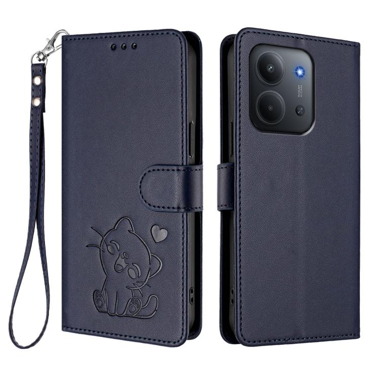 For Redmi 15C 5G / 4G Global 171mm / Poco C85 4G Embossed Heart Cat Leather Phone Case with Hand Strap