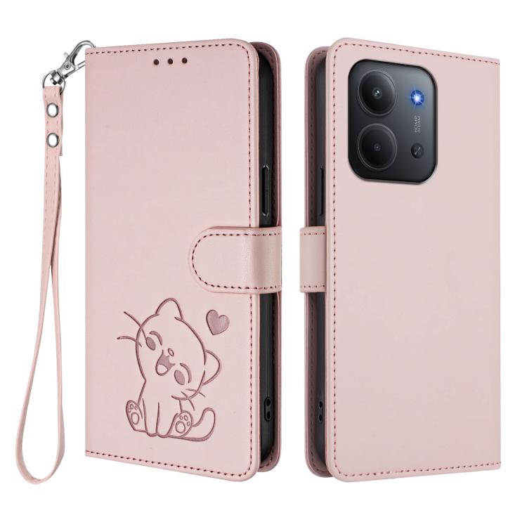 For Redmi 15C 5G / 4G EU 173mm / Poco C85 5G Embossed Heart Cat Leather Phone Case with Hand Strap