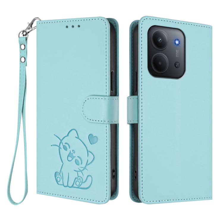 For Redmi 15C 5G / 4G EU 173mm / Poco C85 5G Embossed Heart Cat Leather Phone Case with Hand Strap