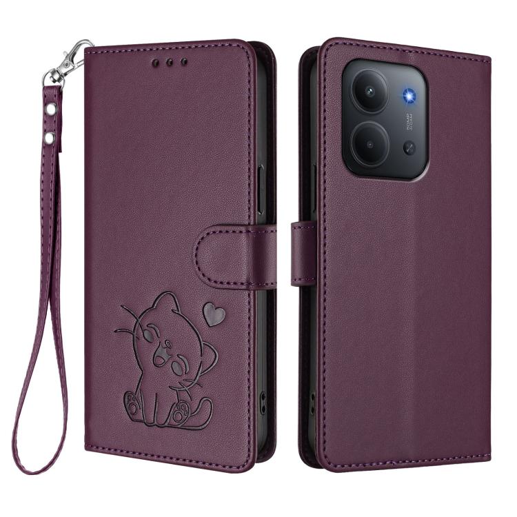 For Redmi 15C 5G / 4G EU 173mm / Poco C85 5G Embossed Heart Cat Leather Phone Case with Hand Strap
