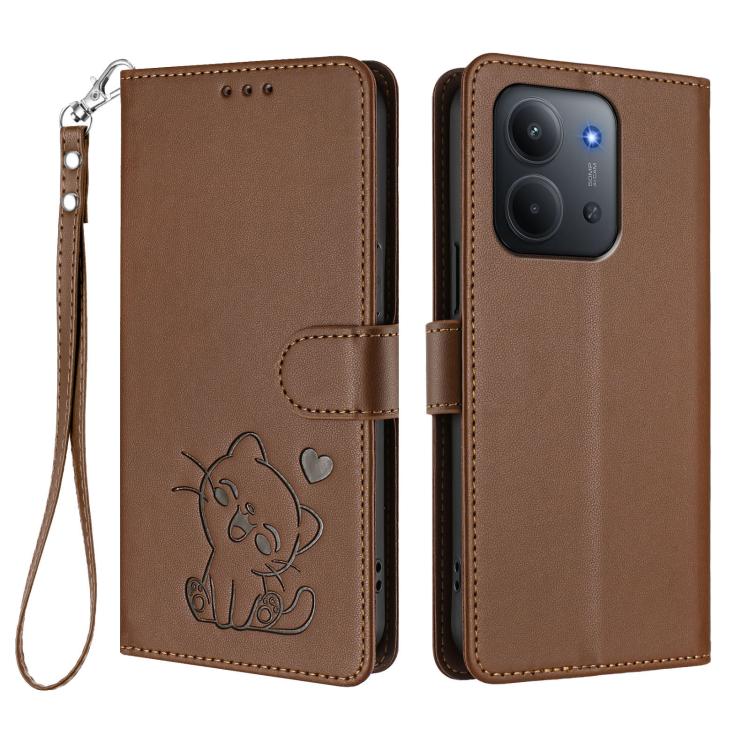 For Redmi 15C 5G / 4G EU 173mm / Poco C85 5G Embossed Heart Cat Leather Phone Case with Hand Strap