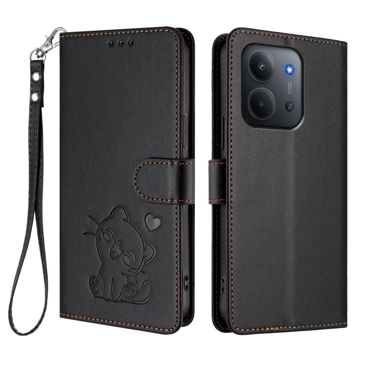 For Redmi 15C 5G / 4G EU 173mm / Poco C85 5G Embossed Heart Cat Leather Phone Case with Hand Strap